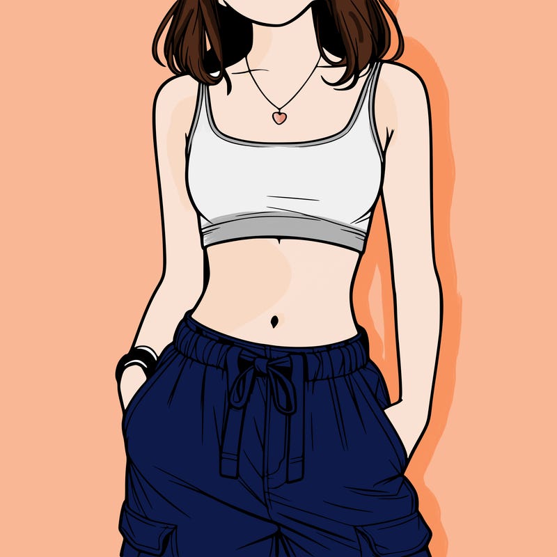realistic girl wearing a crop top and a baggy pair of cargo pants