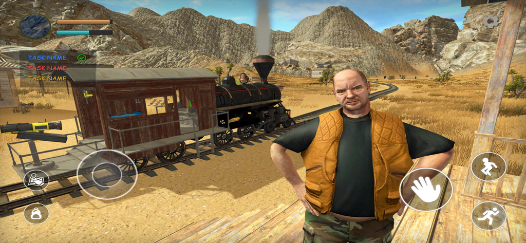 Charles Train - Survivor character standing next to a steam locomotive in a desert canyon in Charles Train game