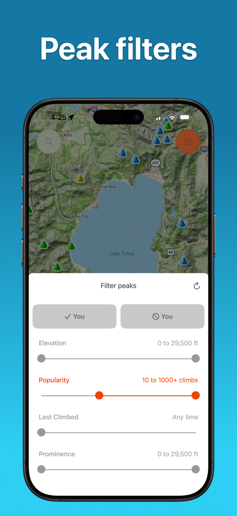 Peakery - Peakery app interface showing mountain peak filters for elevation and popularity on a topographic map