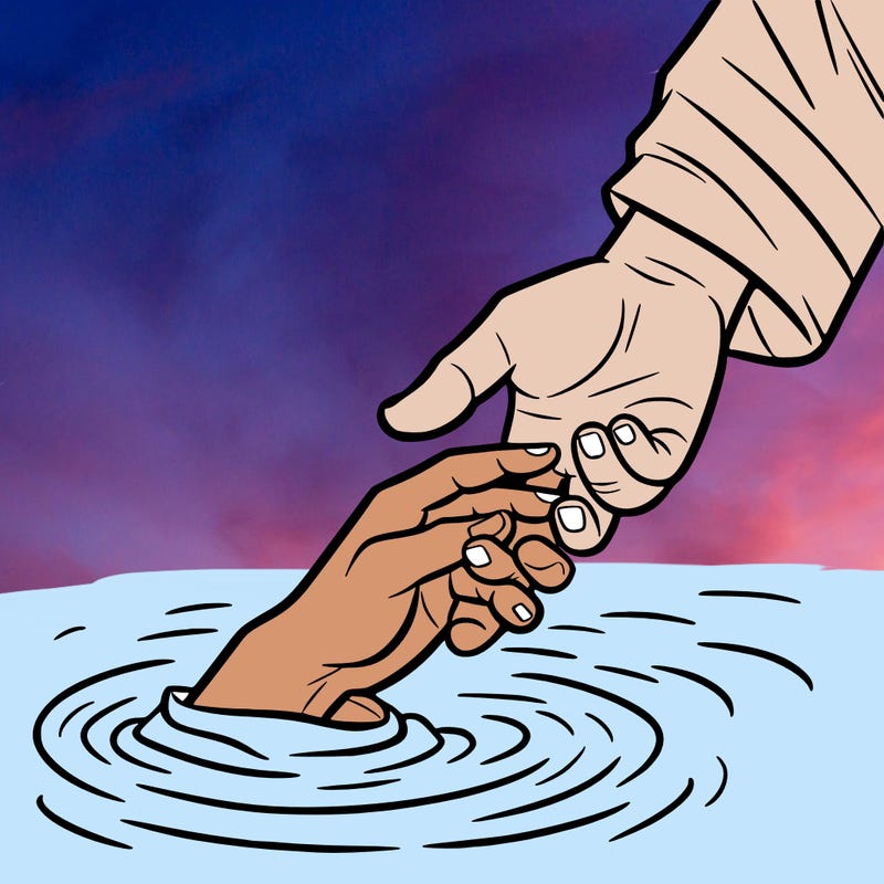 jesus’ hand going down into water to grab someone else’s hand