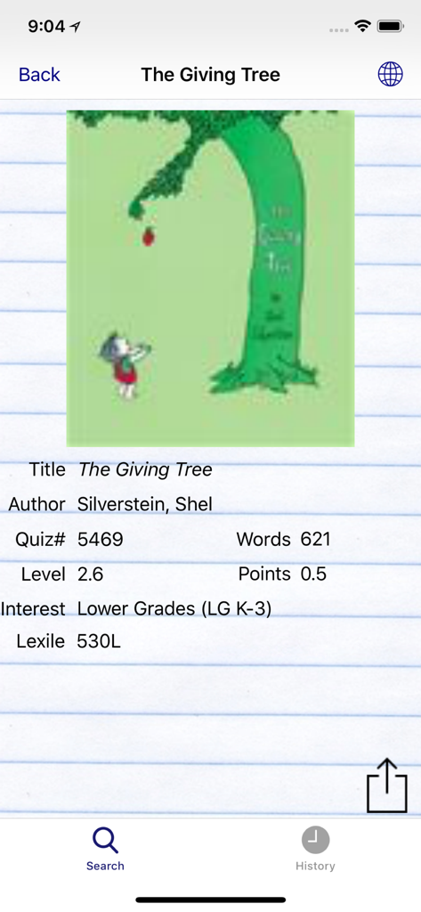 BookScanner Book Leveler App - BookScannerアプリが「おおきな木」の本の読書レベルとクイズ情報を表示
