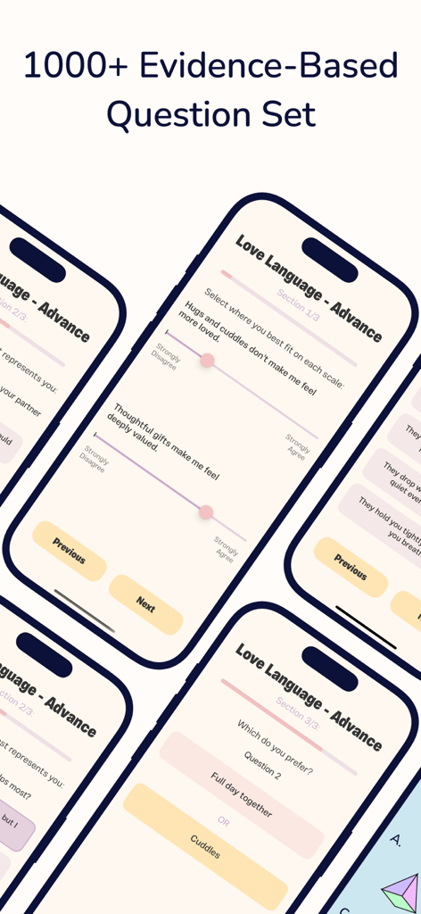 Interfaz de la App de Prueba de Lenguajes del Amor que muestra múltiples pantallas con preguntas basadas en evidencia y escalas de calificación para obtener información sobre la relación.