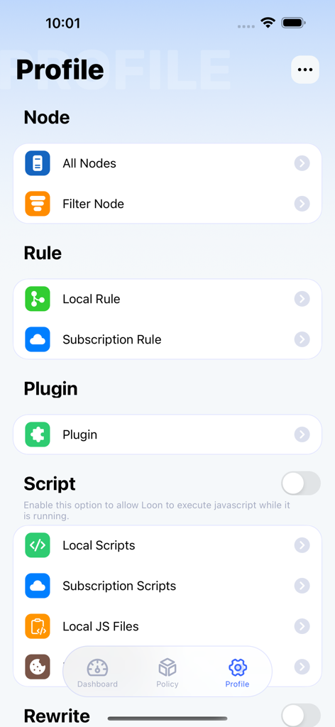 Loon app profile screen displaying network configuration options for nodes rules plugins and scripts