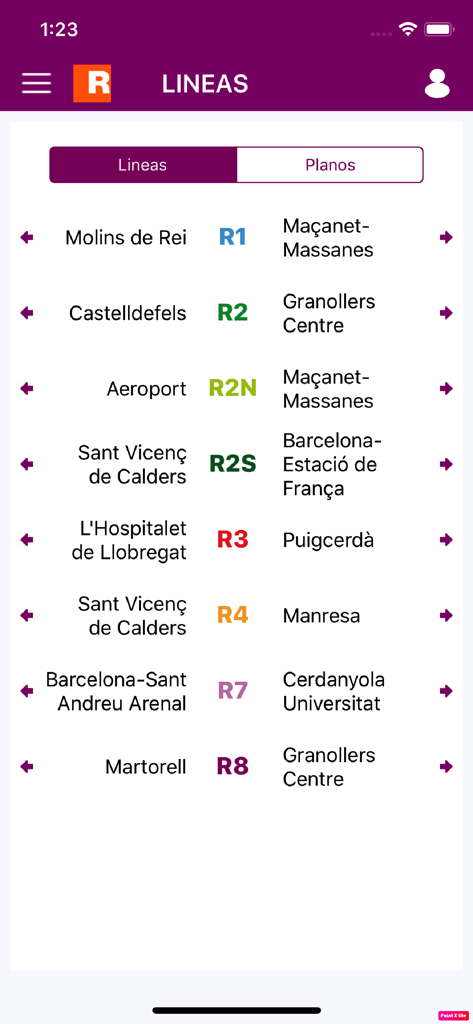Renfe Cercanias - Interface de l'application Renfe Cercanias affichant une liste des lignes de trains de banlieue et de leurs destinations