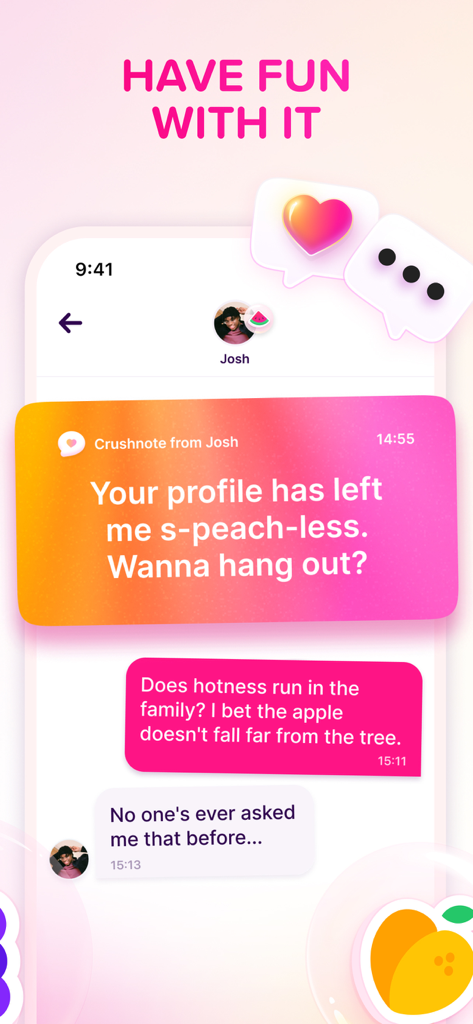 Fruitz app messaging interface showing a crushnote and fruit puns between users