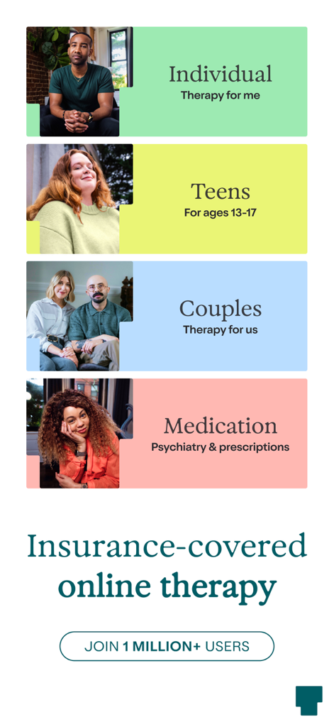 Talkspace: Virtual Therapy App - Talkspace app interface showing options for individual teen couples therapy and medication services