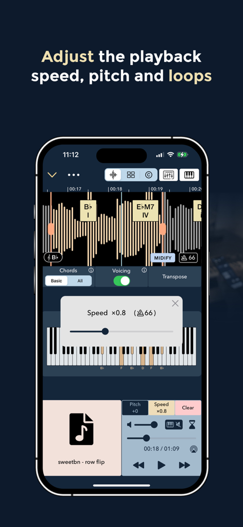Music Memos - Chords & Lyrics - Pantalla de smartphone que muestra la interfaz de la aplicación Music Memos con ajuste de velocidad de reproducción y funciones de reconocimiento de acordes.