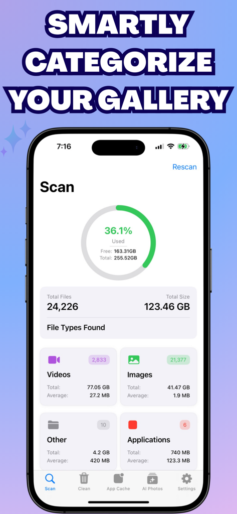 Swift Clear: Cache Cleaner - Panel de escaneo de almacenamiento del iPhone que muestra archivos categorizados, incluyendo videos, imágenes y aplicaciones con tamaño total y porcentaje de uso de almacenamiento