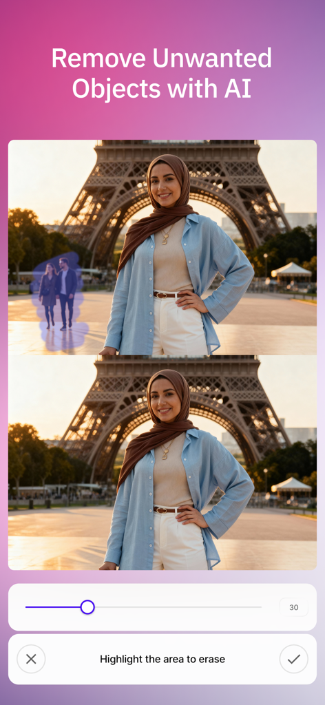 Nahr: AI Design & Photo Editor - Before and after comparison showing the AI object removal tool in the Nahr app erasing background people from a photo