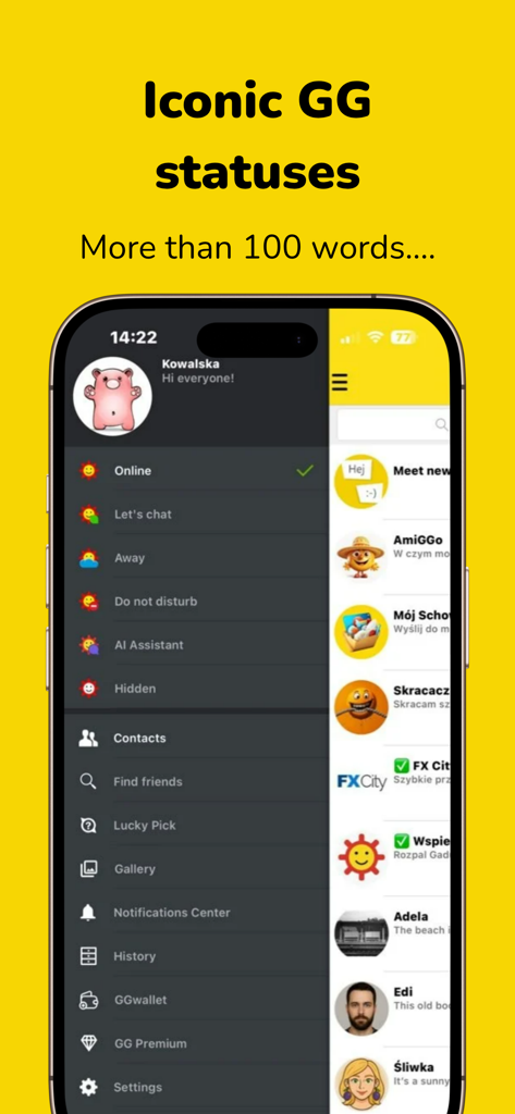 GG - The GG messaging app interface displaying status icons and a contact list on a mobile screen.