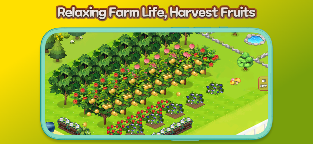 Hello Coffee Shop - A vibrant virtual orchard in Hello Coffee Shop with fruit trees and berry bushes ready for harvest