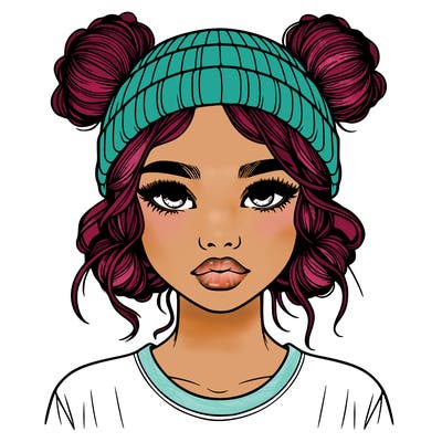 realistic girl with buns in her hair with a beanie on