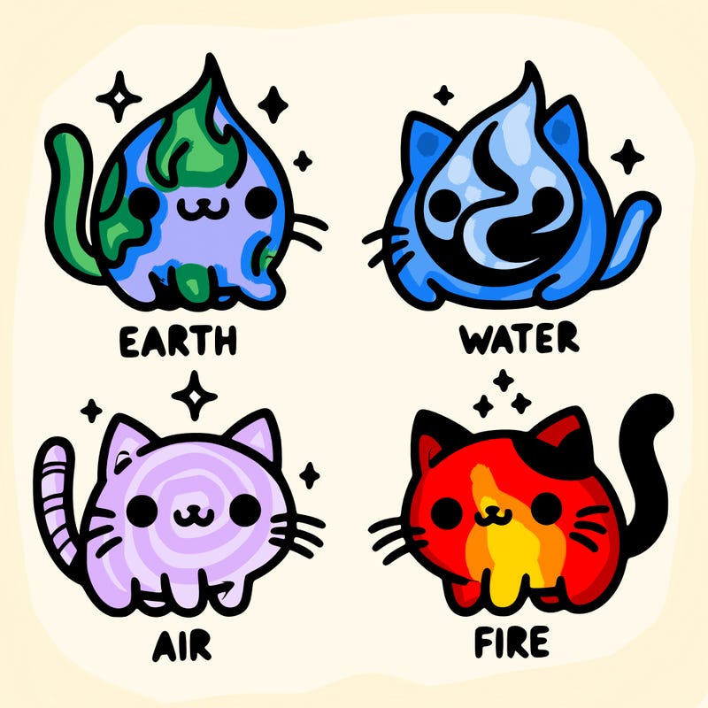 4 cats that represent the different elements, earth, water, air, and fire