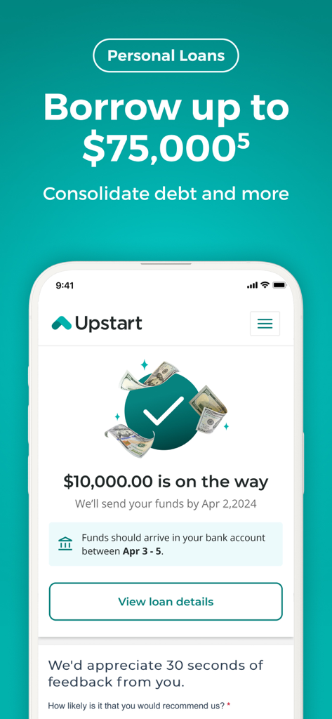 Upstart mobile app showing a 10000 dollar loan on the way confirmation screen