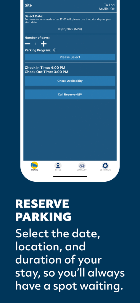 Mobile interface of the TruckSmart app showing options to select a date and duration for a truck parking reservation