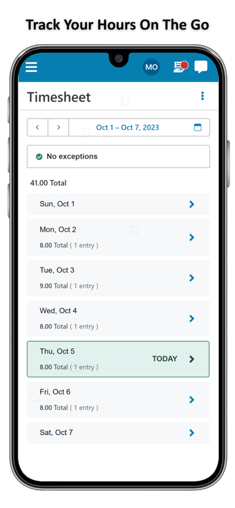 WorkForce Suite - La interfaz de hoja de tiempo de la aplicación WorkForce Suite muestra las horas semanales y los detalles de la entrada diaria.