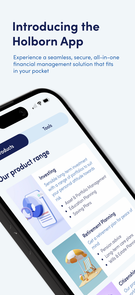 Holborn Assets - Holborn Assets app interface showing investment and retirement planning options on a smartphone