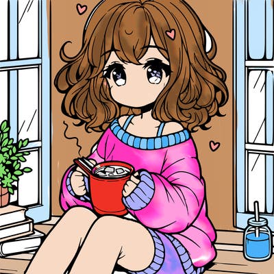 cute anime girl reading book and drinking hot chocolate from mug with loose wavy hair wearing a baggy sweatshirt and shorts sitting by windowsill looking out