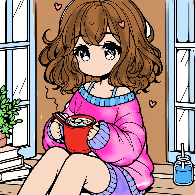 cute anime girl reading book and drinking hot chocolate from mug with loose wavy hair wearing a baggy sweatshirt and shorts sitting by windowsill looking out