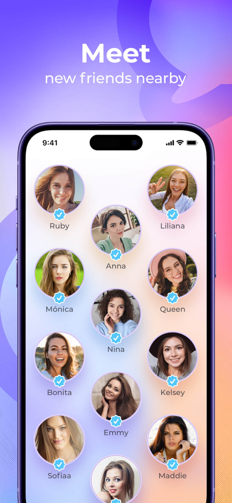 Meete app discovery screen showing a grid of verified user profiles to meet new people nearby