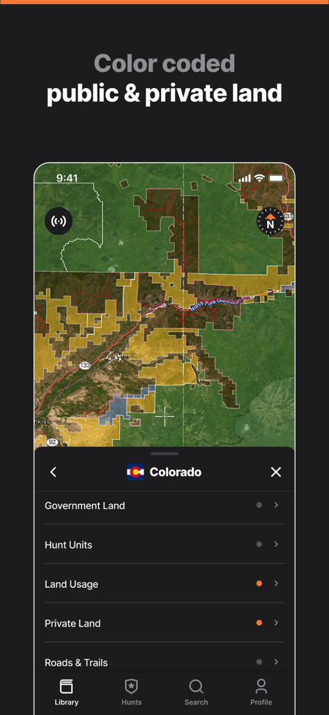 GOHUNT: Research & Maps - Interface de mapa GOHUNT mostrando limites de terras públicas e privadas codificados por cores