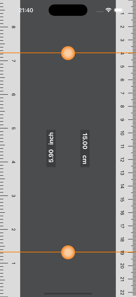 测量工具Pro-专业测量尺子 - Digital ruler interface showing measurements in both inches and centimeters