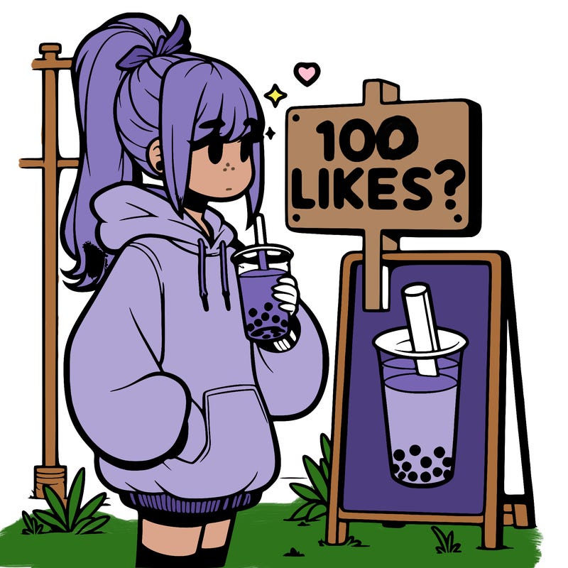 girl with oversized hoodie drinking boba and she has a high ponytail with a sign that says 10likes?