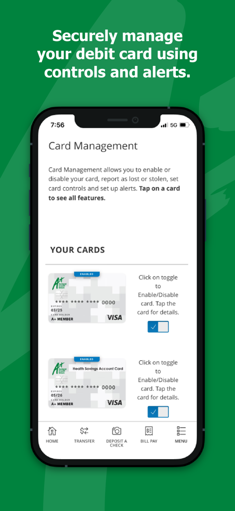 Écran de gestion des cartes de l'application A+ Mobile montrant les contrôles de la carte de débit et les commutateurs d'activation/désactivation