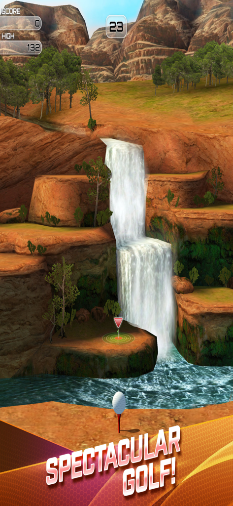 Flick Golf Extreme - Flick Golf Extreme gameplay showing a golf ball on a tee overlooking a scenic canyon and waterfall