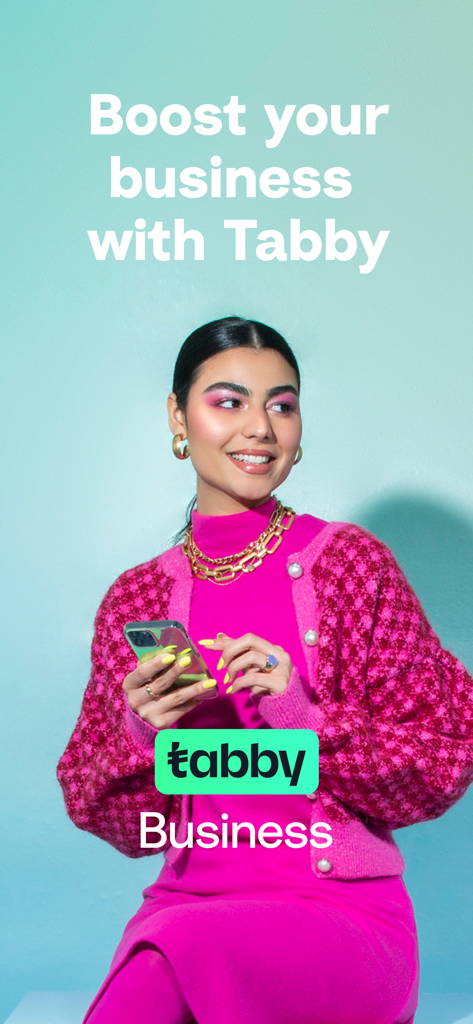 Tabby Business - A woman holding a smartphone featuring the Tabby Business app logo and text that says Boost your business with Tabby.
