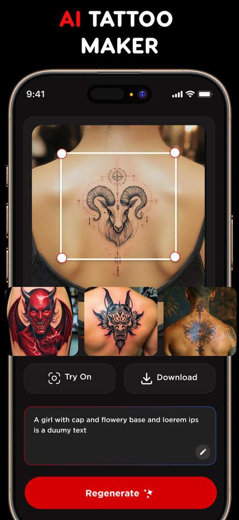 Interface do aplicativo Gerador de Arte IA para Tatuagens mostrando um design de tatuagem de carneiro nas costas de uma pessoa com opções para experimentar ou regenerar