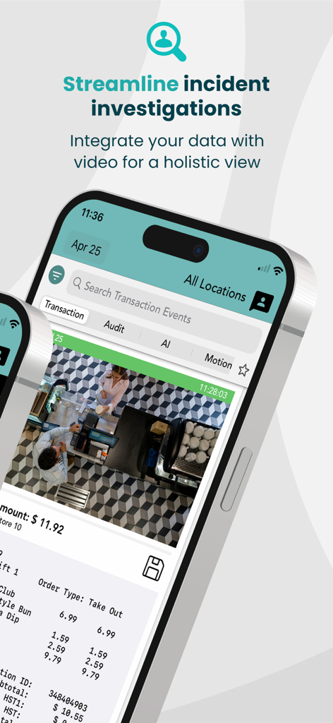 Solink mobile app interface showing a security camera feed synchronized with retail transaction data for incident investigation