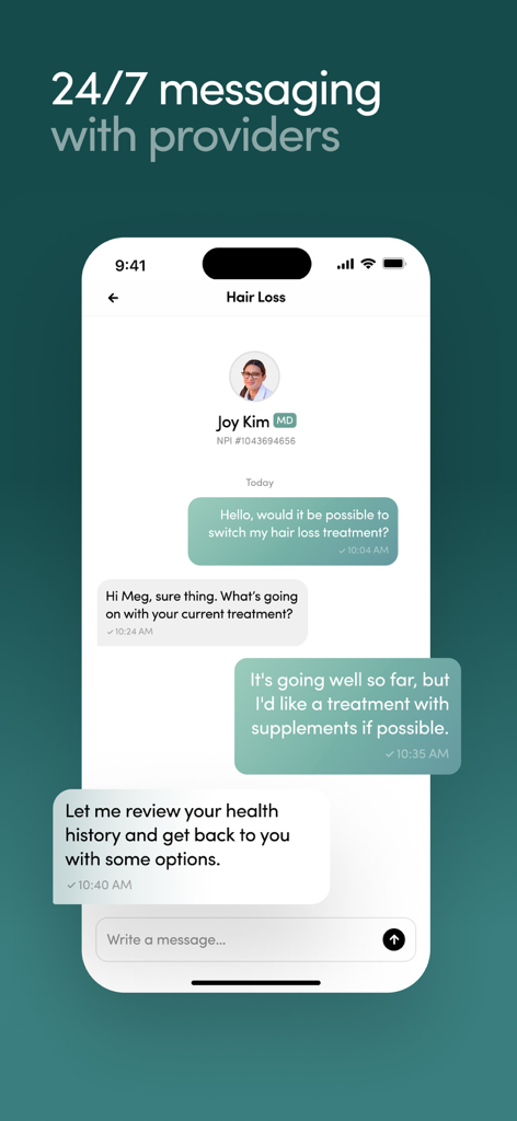 Screenshot of the Hers app showing a 24/7 chat interface for messaging medical providers about hair loss treatments.