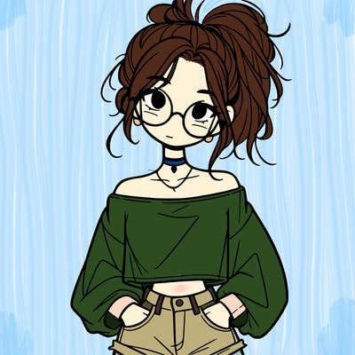girl with a messy ponytail glasses a baggy crop top and jean shorts