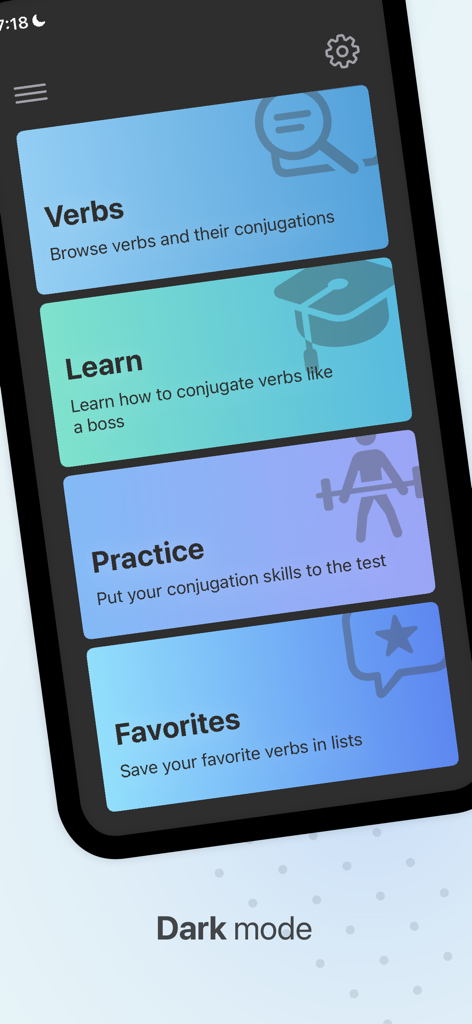 Verbos + - Tela do menu principal do aplicativo Verbos Plus em modo escuro, mostrando opções de aprendizado de verbos, prática e favoritos