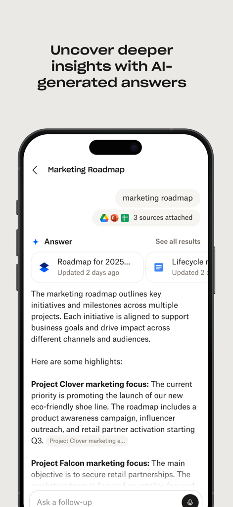 Uno screenshot dell'app Dropbox Dash che mostra insight e riassunti generati dall'AI per un progetto di roadmap di marketing