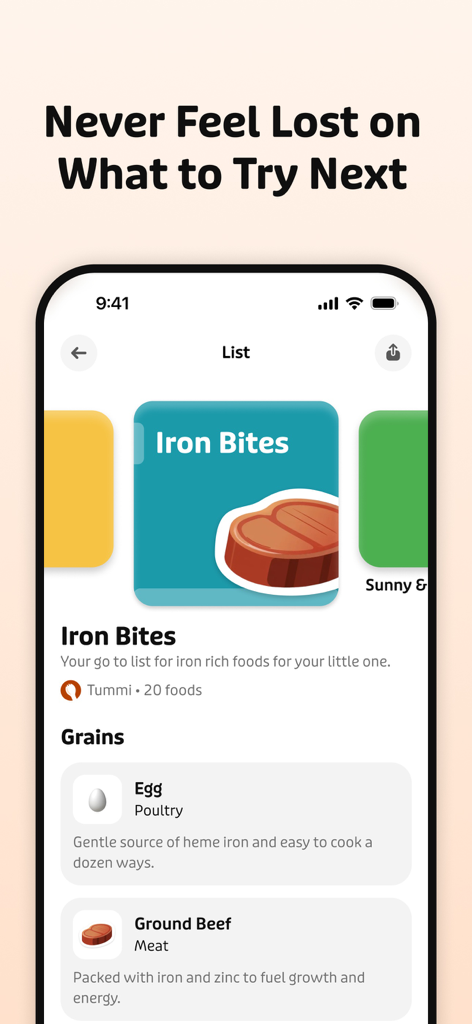 Tummi – Start Solid Foods - A mobile app interface displaying a curated list of iron-rich baby foods including egg and ground beef