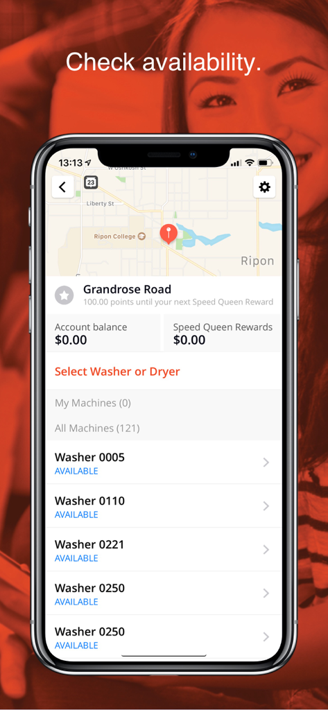 Interface do aplicativo Speed Queen mostrando disponibilidade de máquinas de lavar em tempo real e mapa de localização