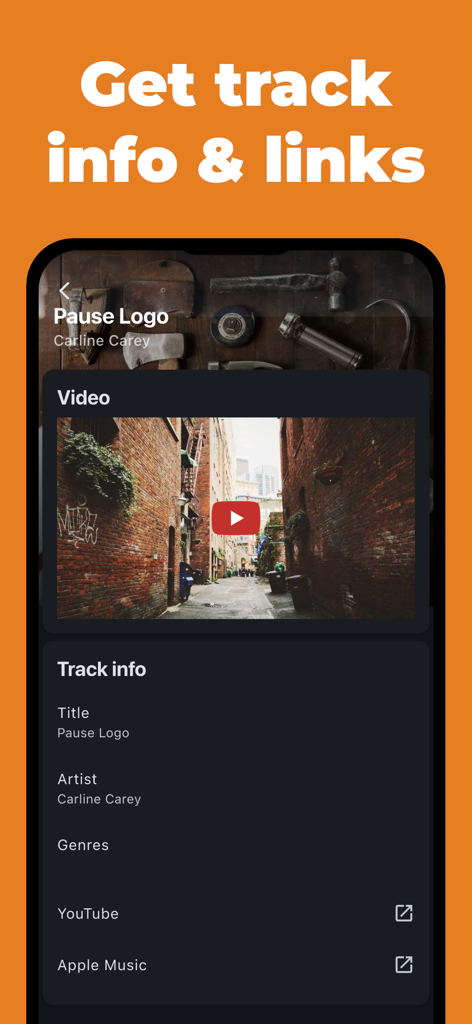 Music Finder - Recognize Songs - The Music Finder app displaying song information and direct links to YouTube and Apple Music.