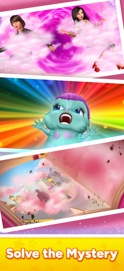 Barbie™ Merge Mystery - Colage de personajes de Barbie en una misteriosa niebla rosa con el texto Descubre el Misterio