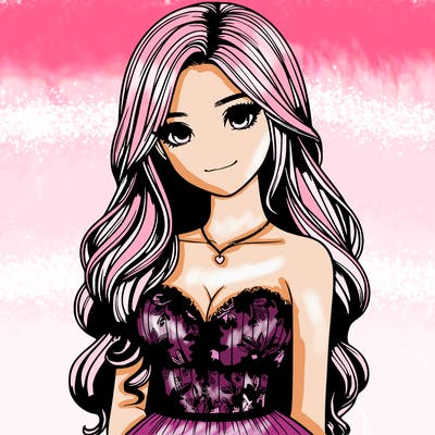 realistic girl with long hair and pretty prom dress