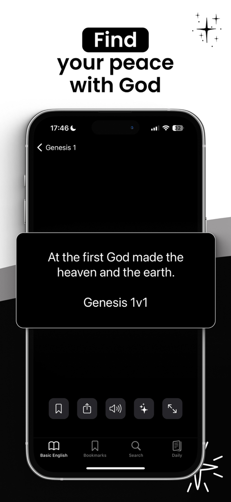 Bible: Chat, Widgets, Audio - iPhone screen showing the Bible app with a high-contrast dark theme displaying Genesis 1 verse 1