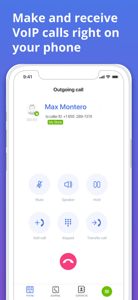 MightyCall Classic app interface showing an outgoing business VoIP call on a smartphone