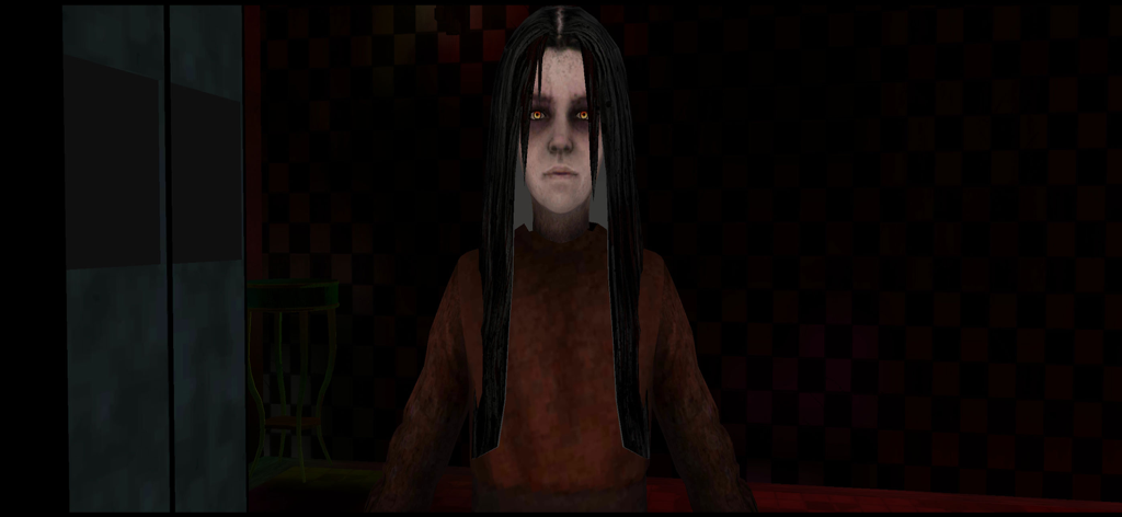 Scary Home: Dark Horror Games - Una chica fantasma pálida con cabello negro largo y ojos amarillos brillantes en una habitación embrujada y oscura