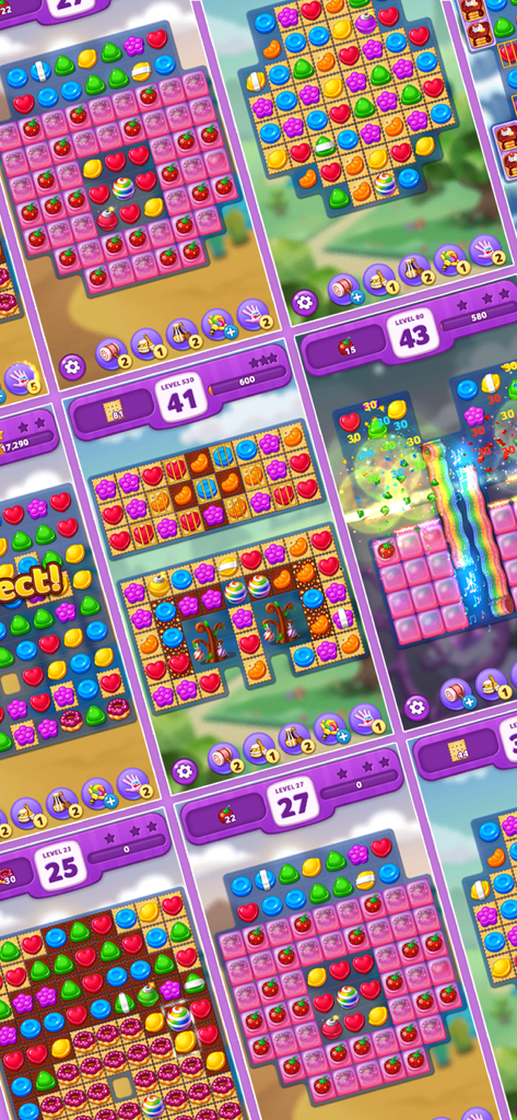 Lollipop: Sweet Taste Match3 - A collage of multiple colorful Match 3 puzzle levels from the Lollipop Sweet Taste game showing various candy pieces and boosters