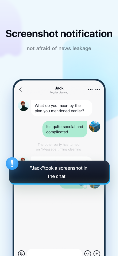 A screenshot of MO Messager app showing the screenshot notification feature with an alert saying Jack took a screenshot in the chat.
