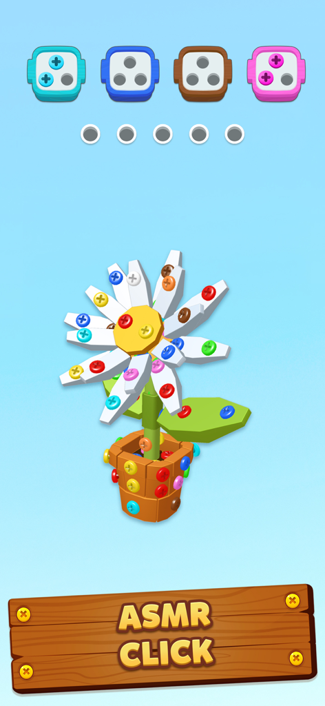 Un modello floreale 3D colorato nel livello puzzle di viti Screwdom con testo ASMR