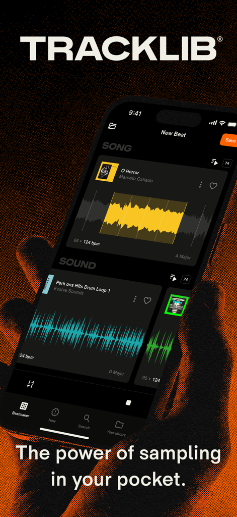 Tracklib app interface on a smartphone showing music waveforms and sampling tools for producers