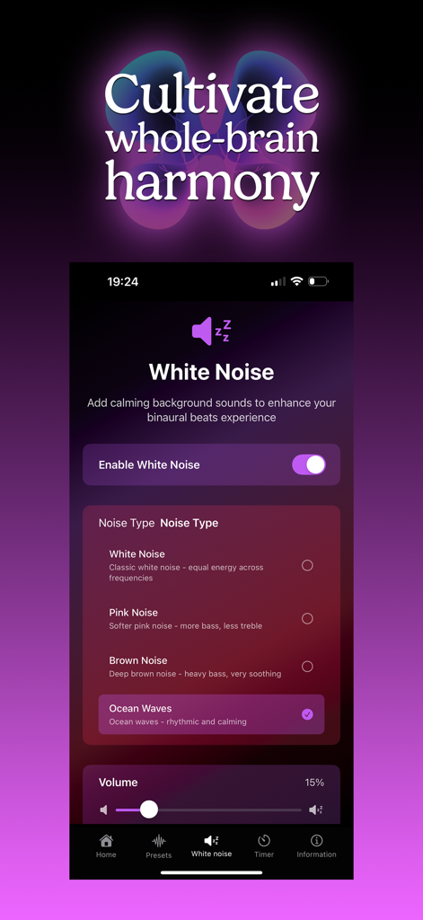 BrainSync - Interface of the BrainSync app showing white noise selection and volume controls