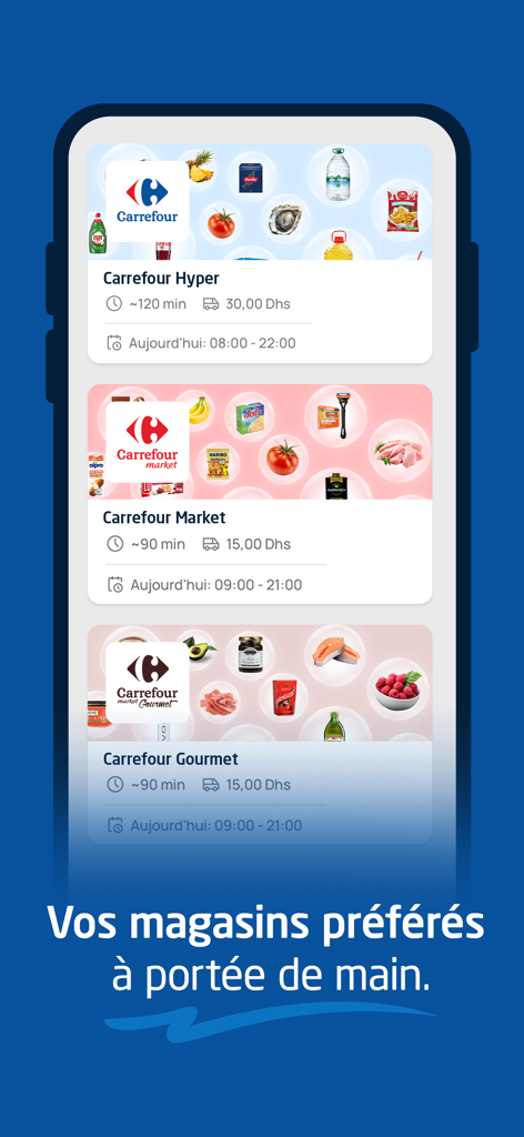Bringo by Carrefour Maroc - Bringo app interface showing Carrefour Hyper Market and Gourmet store options with delivery times and fees